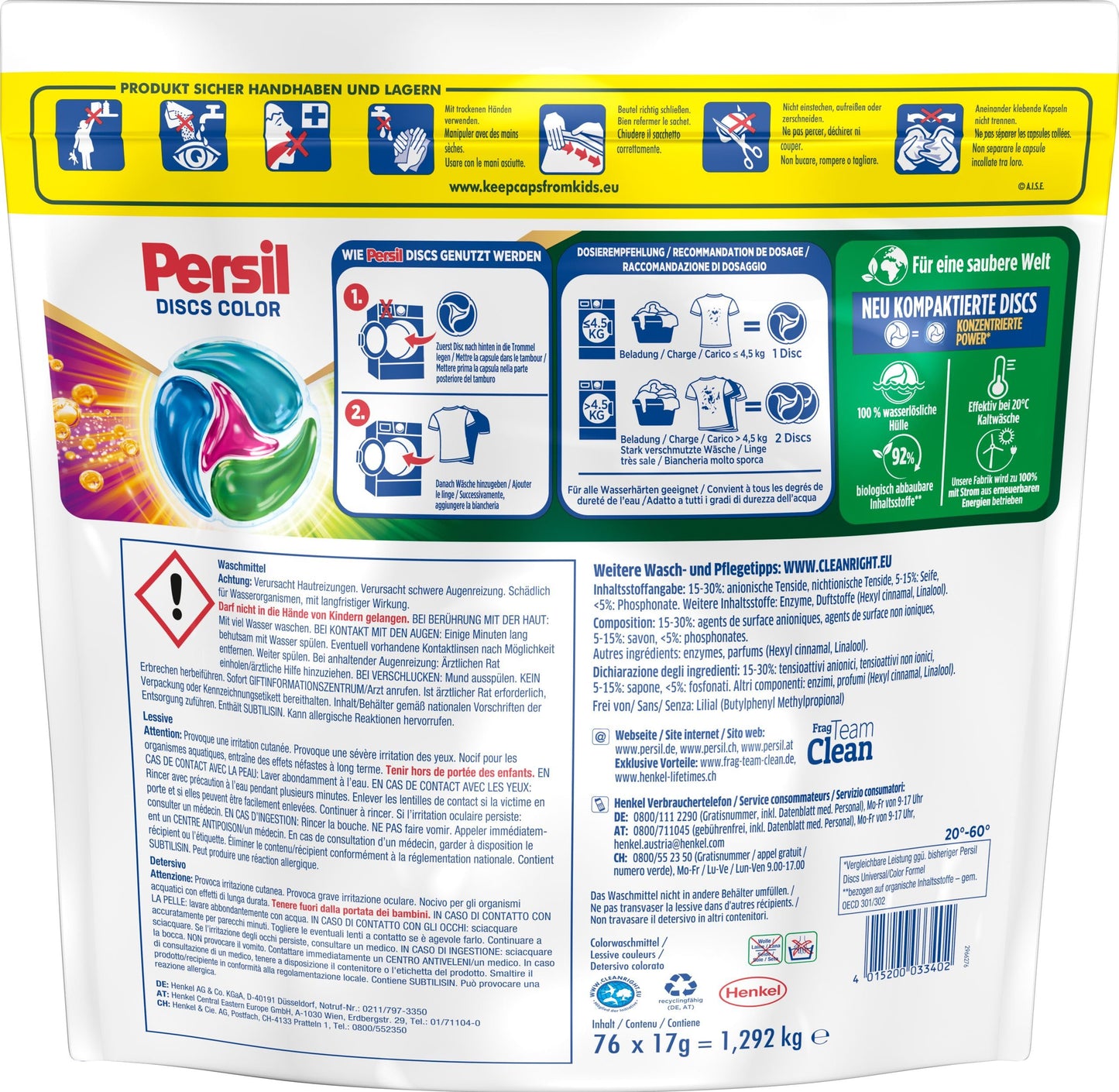 Persil 4in1 Color DISCS 152 WL (2 x 76 Waschladungen), Waschmittel mit Tiefenrein Technologie, Colorwaschmittel für reine Wäsche und hygienische Frische für die Maschine - Arenvo