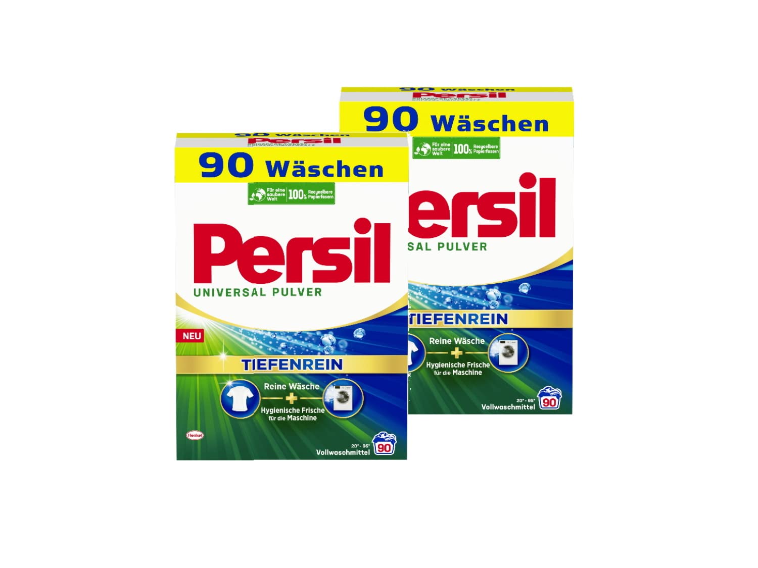 Persil Universal Pulver 180 Waschladungen Tiefenrein Waschmittel  (2 x 90 Waschladungen), Vollwaschmittel für reine Wäsche und hygienische Frische für die Maschine, effektiv von 20 °C bis 95 °C - Arenvo