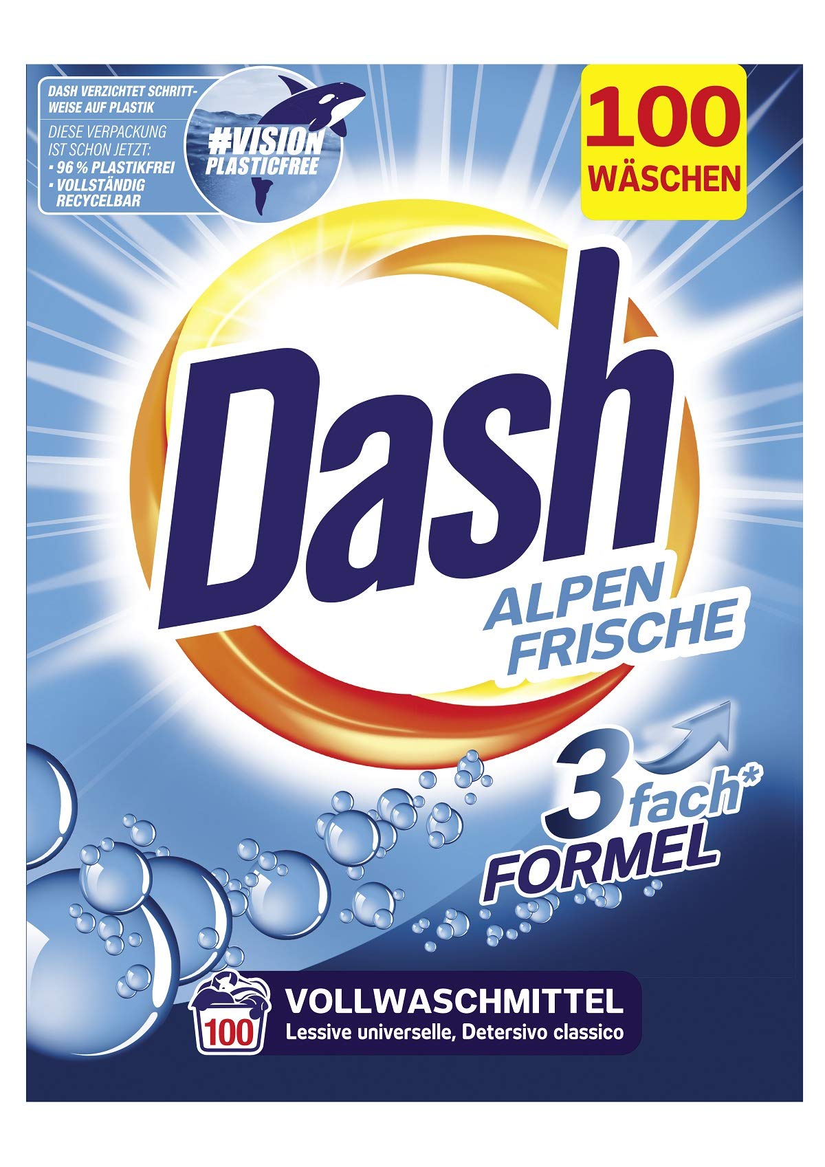 Dash® Alpen Frische Pulver I Vollwaschmittel für weiße Wäsche I 100 Waschladungen I frische, strahlend reine Wäsche | 6,5 kg - Arenvo