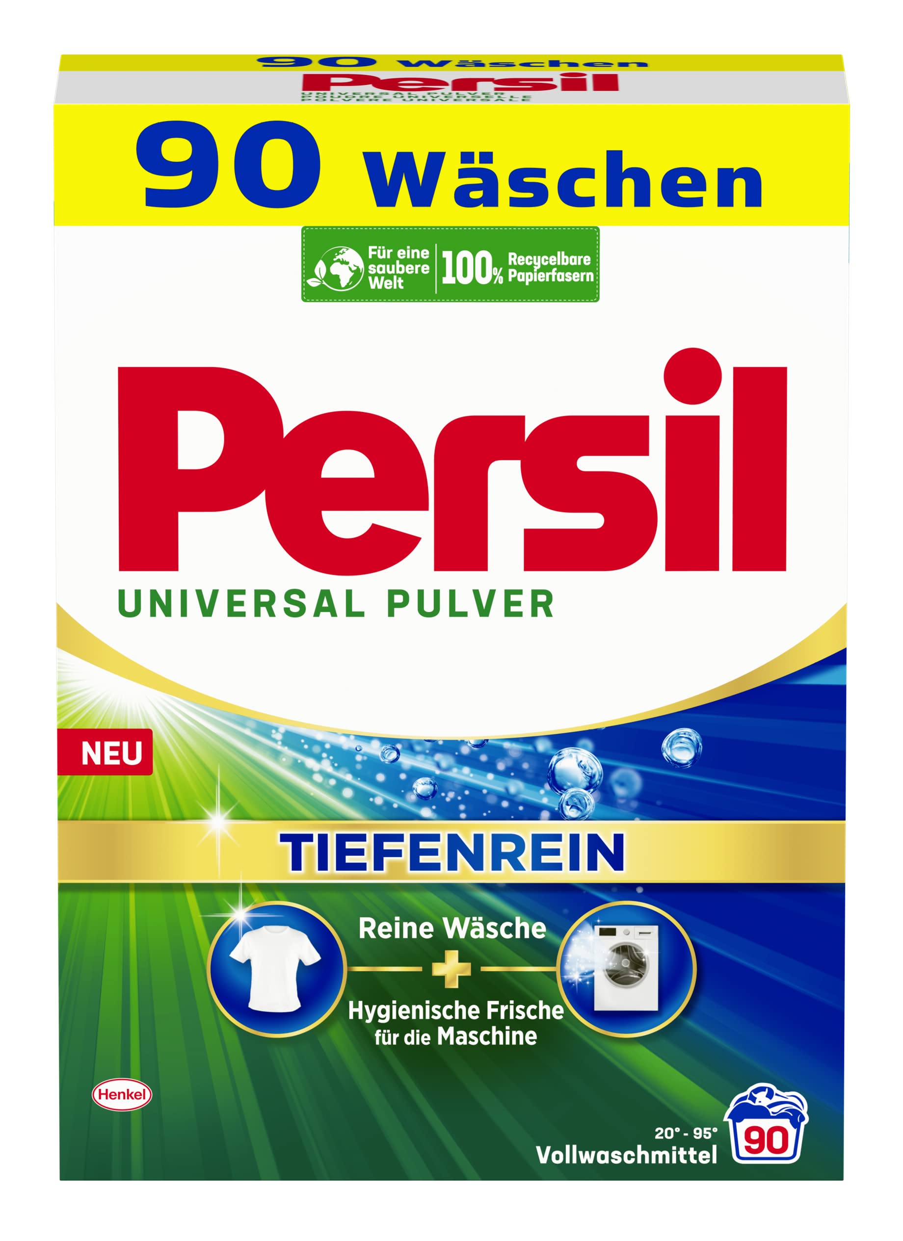 Persil Universal Pulver 180 Waschladungen Tiefenrein Waschmittel  (2 x 90 Waschladungen), Vollwaschmittel für reine Wäsche und hygienische Frische für die Maschine, effektiv von 20 °C bis 95 °C - Arenvo