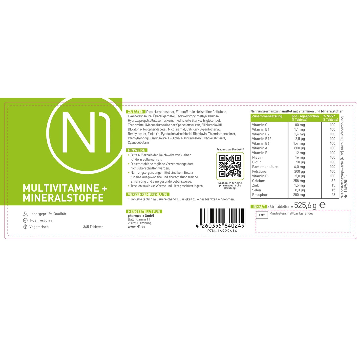 Multivitamin Tabletten hochdosiert - N1 Alle Vitamine + Mineralien - 365 Tabl. Jahresvorrat - vegetarisch - Nahrungsergänzungsmittel - Arenvo
