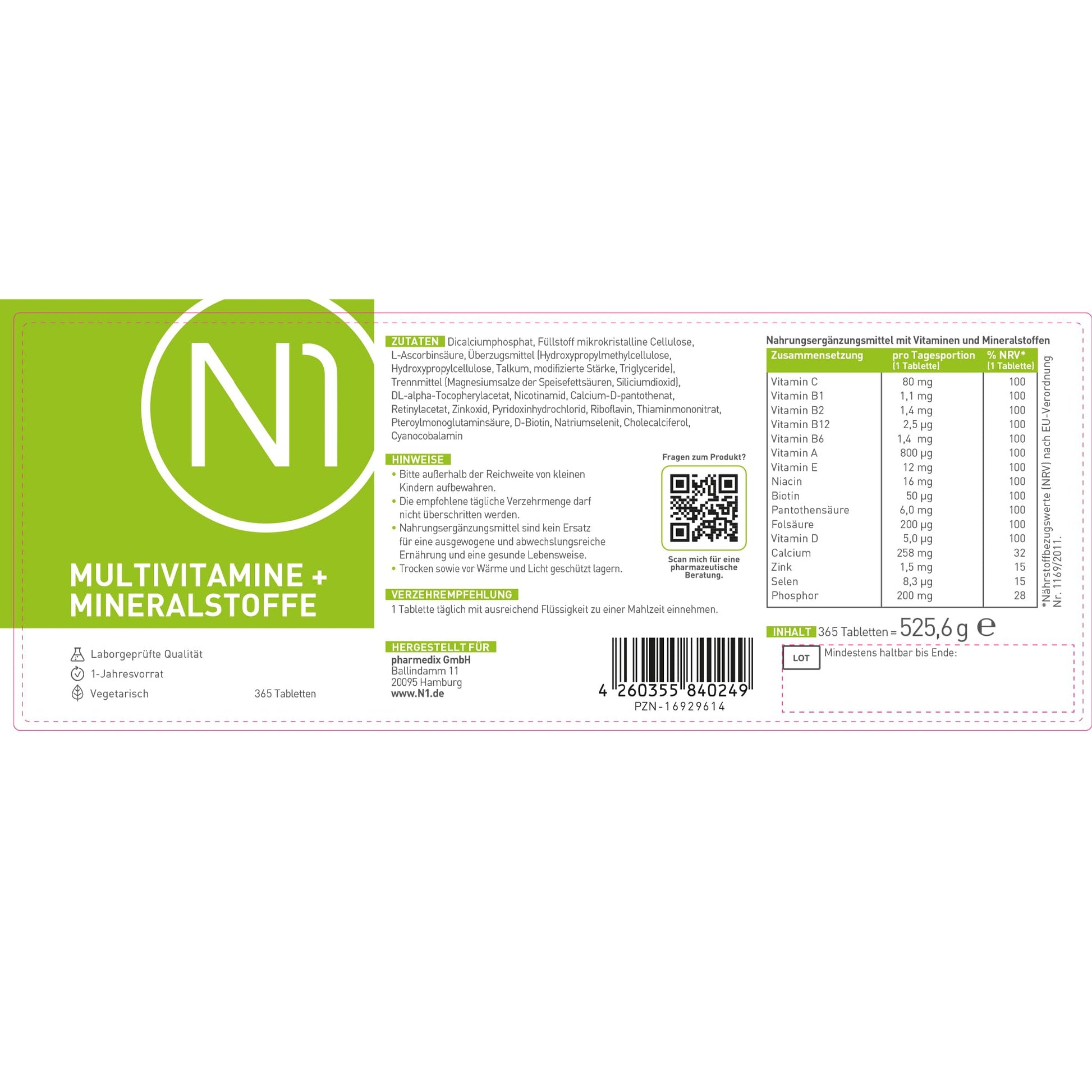 Multivitamin Tabletten hochdosiert - N1 Alle Vitamine + Mineralien - 365 Tabl. Jahresvorrat - vegetarisch - Nahrungsergänzungsmittel - Arenvo