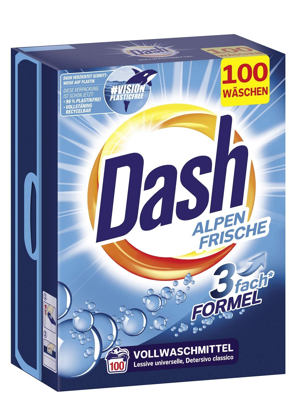 Dash® Alpen Frische Pulver I Vollwaschmittel für weiße Wäsche I 100 Waschladungen I frische, strahlend reine Wäsche | 6,5 kg - Arenvo