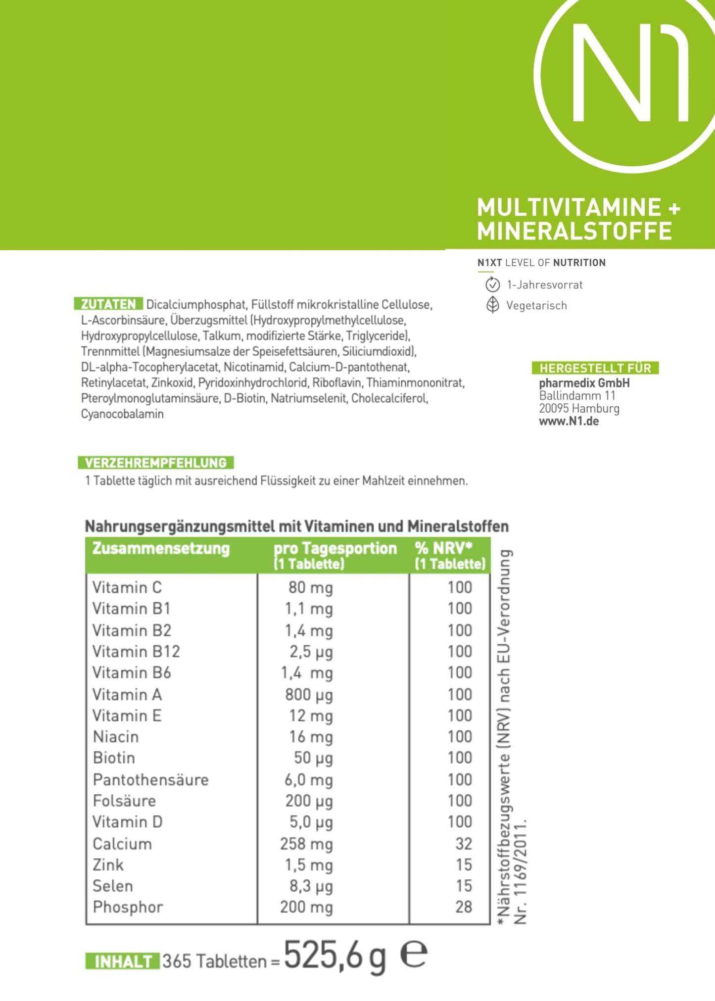 Multivitamin Tabletten hochdosiert - N1 Alle Vitamine + Mineralien - 365 Tabl. Jahresvorrat - vegetarisch - Nahrungsergänzungsmittel - Arenvo