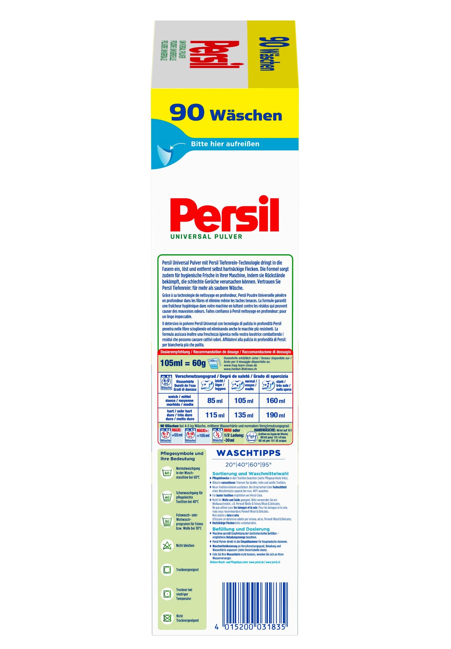 Persil Universal Pulver 180 Waschladungen Tiefenrein Waschmittel  (2 x 90 Waschladungen), Vollwaschmittel für reine Wäsche und hygienische Frische für die Maschine, effektiv von 20 °C bis 95 °C - Arenvo