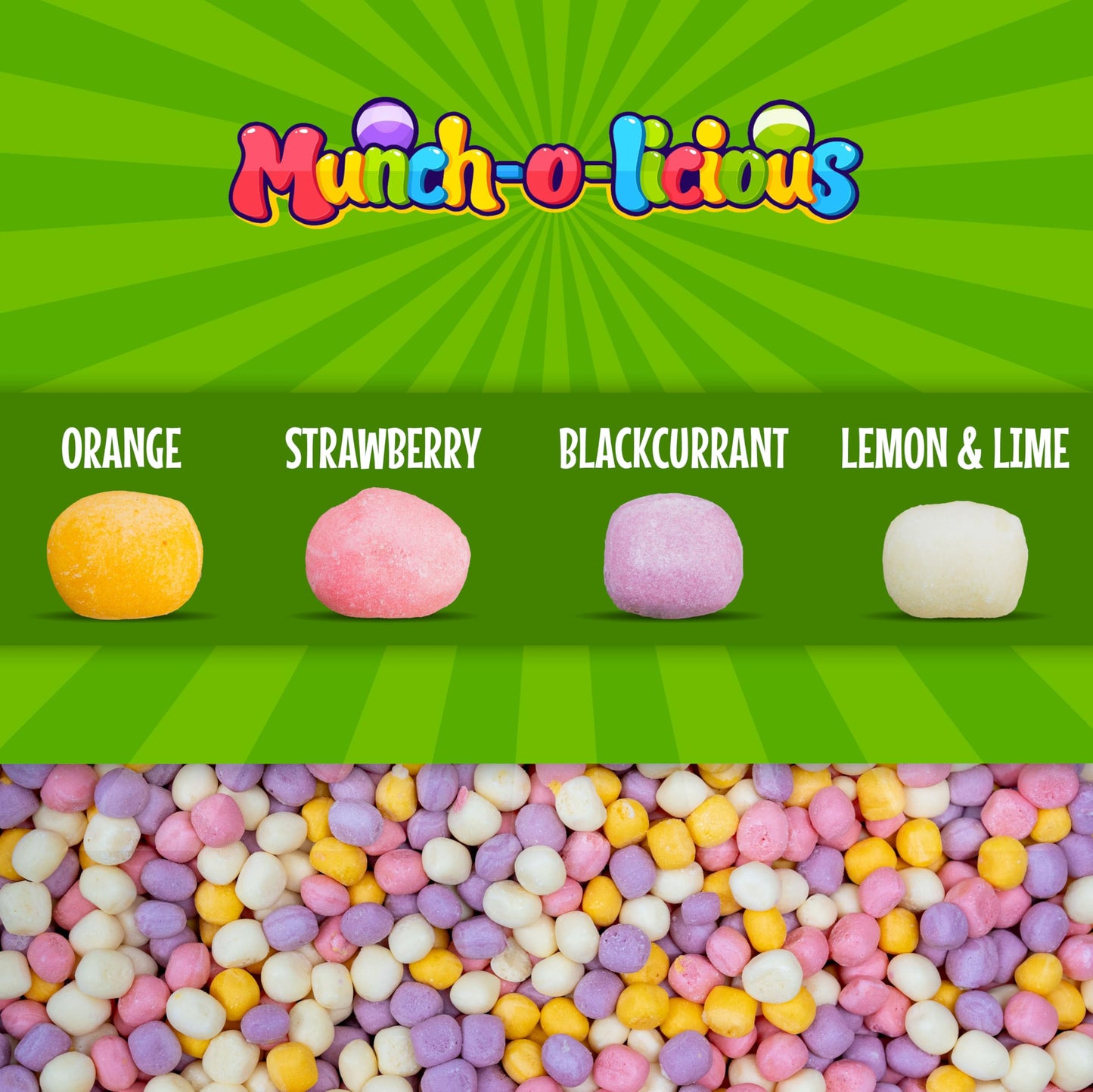 Munch-o-licious Gefriergetrocknete Süßigkeiten Minis 150g - Juicy Freeze Dried Candy - Süßigkeiten Gefriergetrocknet - Frischer Fruchtgenuss - Knuspriger Snack für Alle - Arenvo