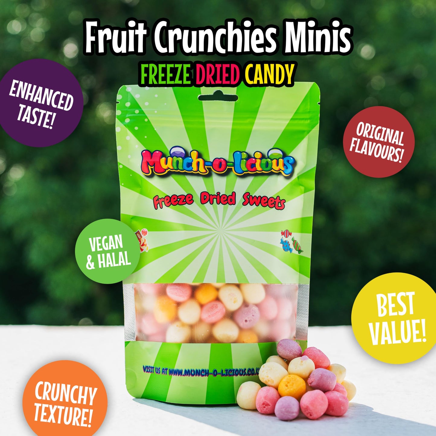 Munch-o-licious Gefriergetrocknete Süßigkeiten Minis 150g - Juicy Freeze Dried Candy - Süßigkeiten Gefriergetrocknet - Frischer Fruchtgenuss - Knuspriger Snack für Alle - Arenvo