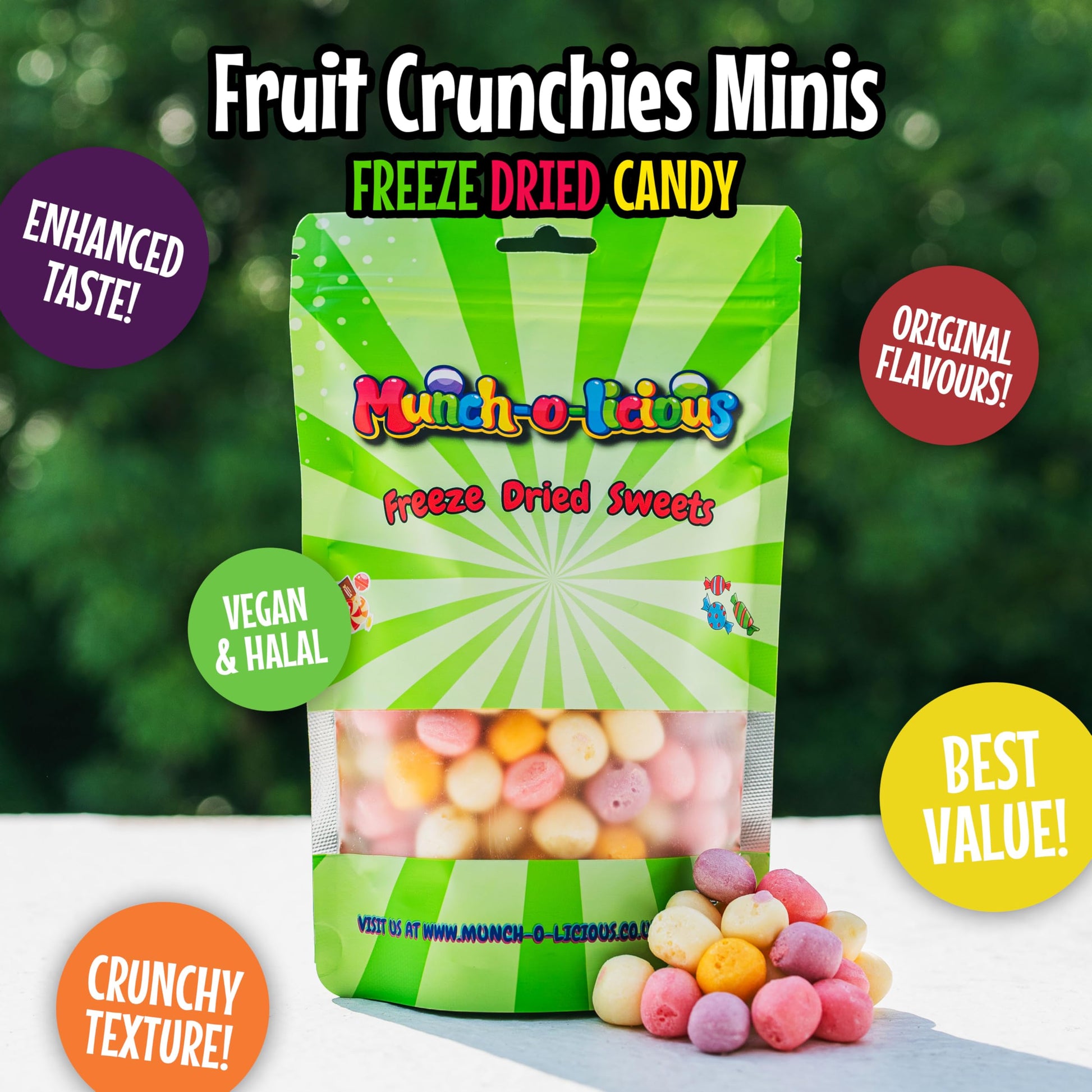 Munch-o-licious Gefriergetrocknete Süßigkeiten Minis 150g - Juicy Freeze Dried Candy - Süßigkeiten Gefriergetrocknet - Frischer Fruchtgenuss - Knuspriger Snack für Alle - Arenvo