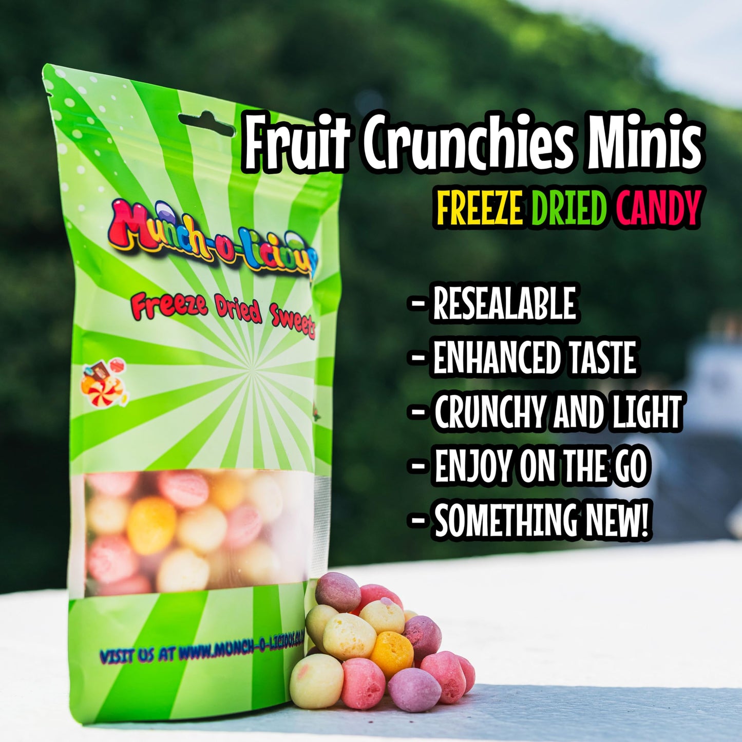 Munch-o-licious Gefriergetrocknete Süßigkeiten Minis 150g - Juicy Freeze Dried Candy - Süßigkeiten Gefriergetrocknet - Frischer Fruchtgenuss - Knuspriger Snack für Alle - Arenvo