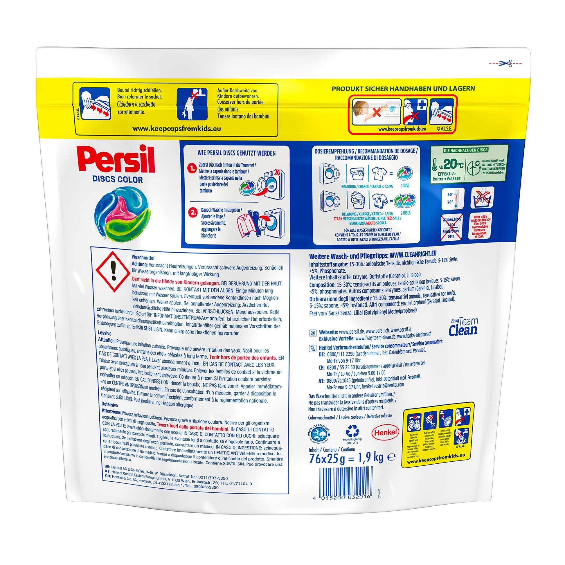 Persil 4in1 Color DISCS 152 WL (2 x 76 Waschladungen), Waschmittel mit Tiefenrein Technologie, Colorwaschmittel für reine Wäsche und hygienische Frische für die Maschine - Arenvo